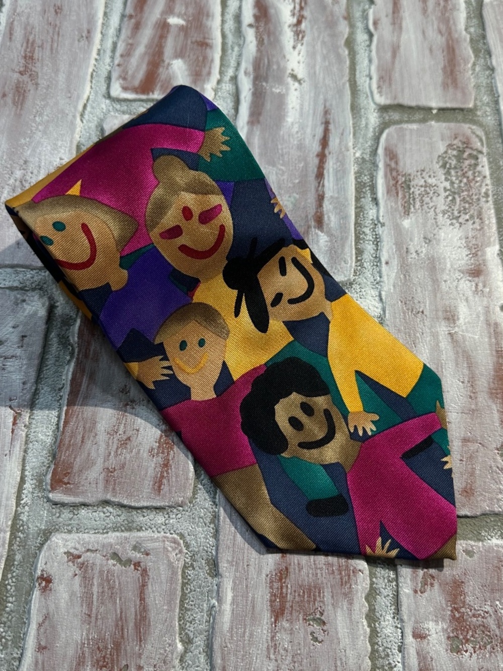 Vintage Save The Children 100% Silk USA Made Diverse Families/People Tie Necktie